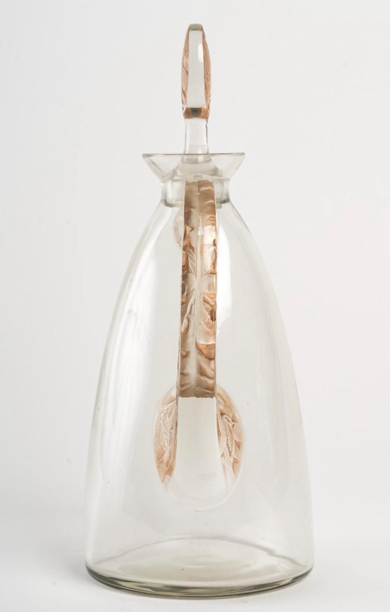 French 1923 René Lalique Decanter Prunelles for Cusenier Clear Glass with Sepia Patina