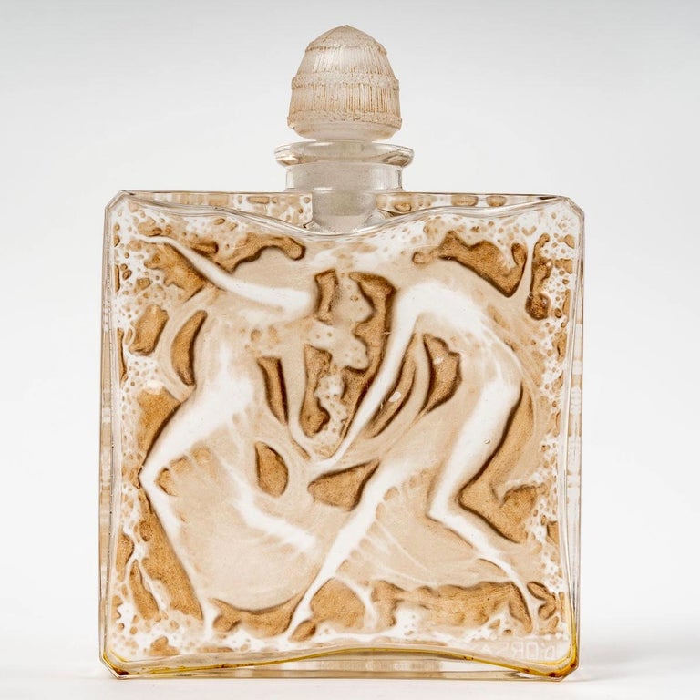 French 1923 Rene Lalique Elegance D'Orsay Perfume Bottle Glass Sepia Patina For Sale