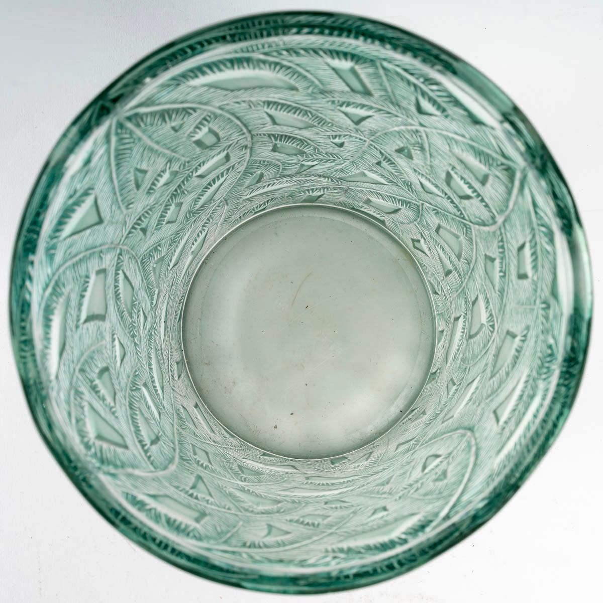 Molded 1923 René Lalique Epicea Vase in Frosted Glass with Green Patina, Spruce