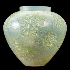 1923 René Lalique Esterel Vase Double Cased Opalescent Glass with Green Patina
