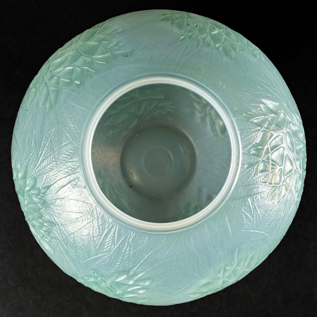 French 1923 René Lalique Esterel Vase Double Cased Opalescent Glass with Green Patina