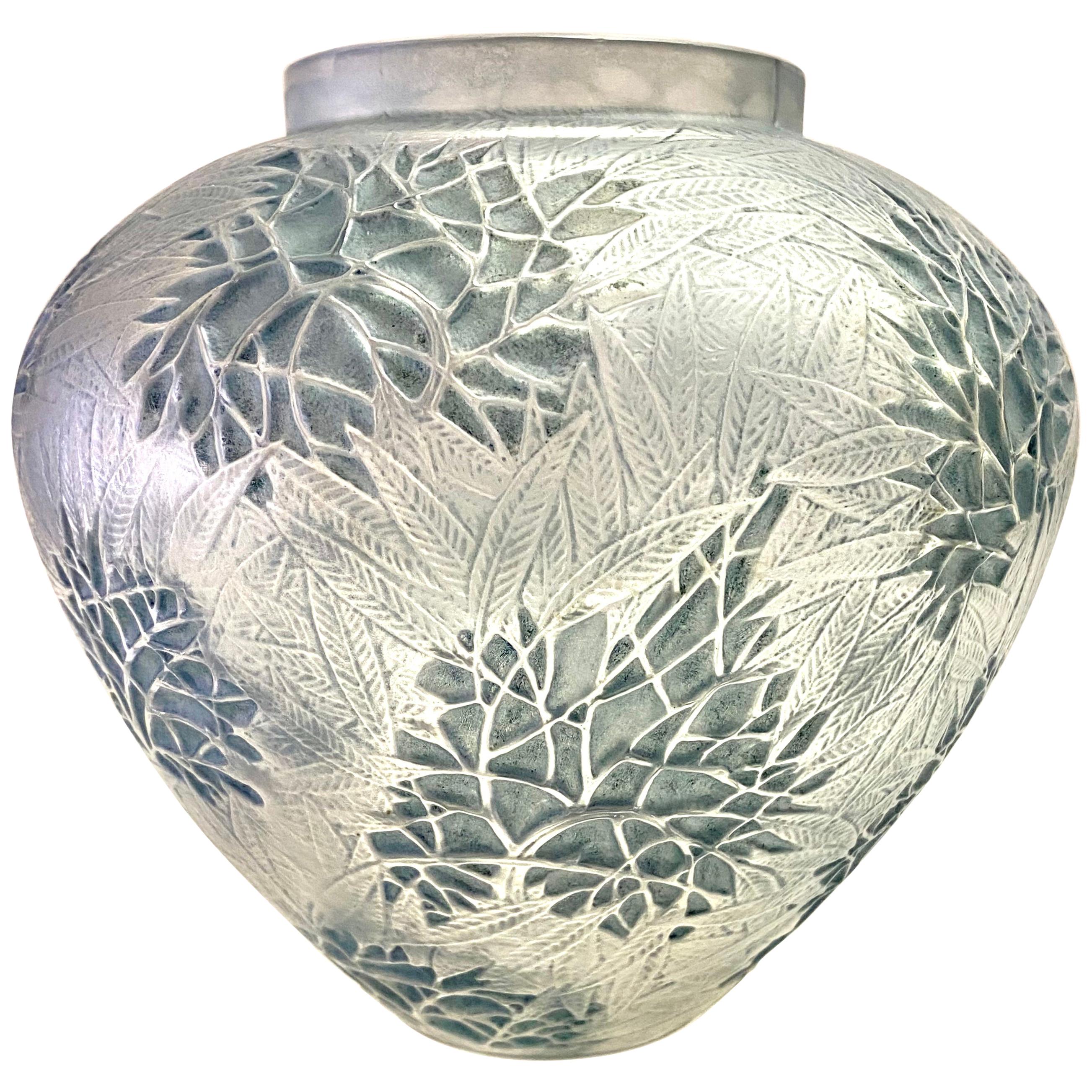 1923 René Lalique Esterel Vase in Frosted Glass with Blue-Grey Patina