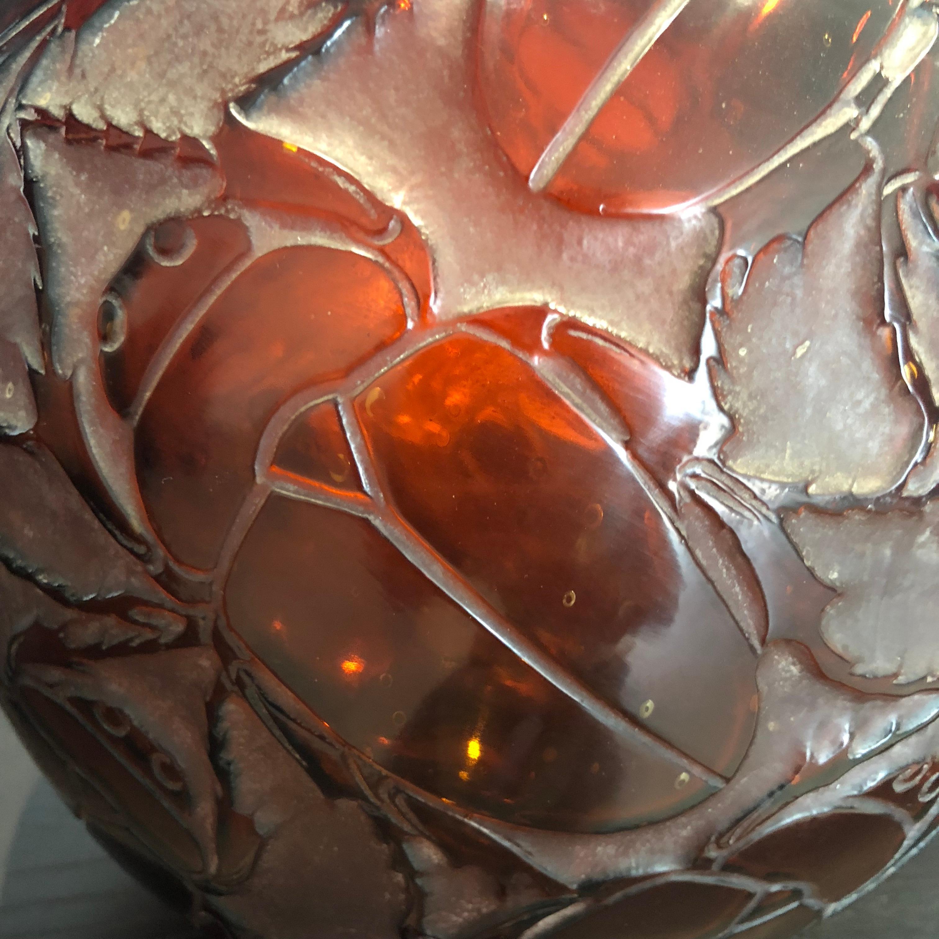 Molded 1923 Rene Lalique Gros Scarabees Vase Red Amber Glass, Beetles