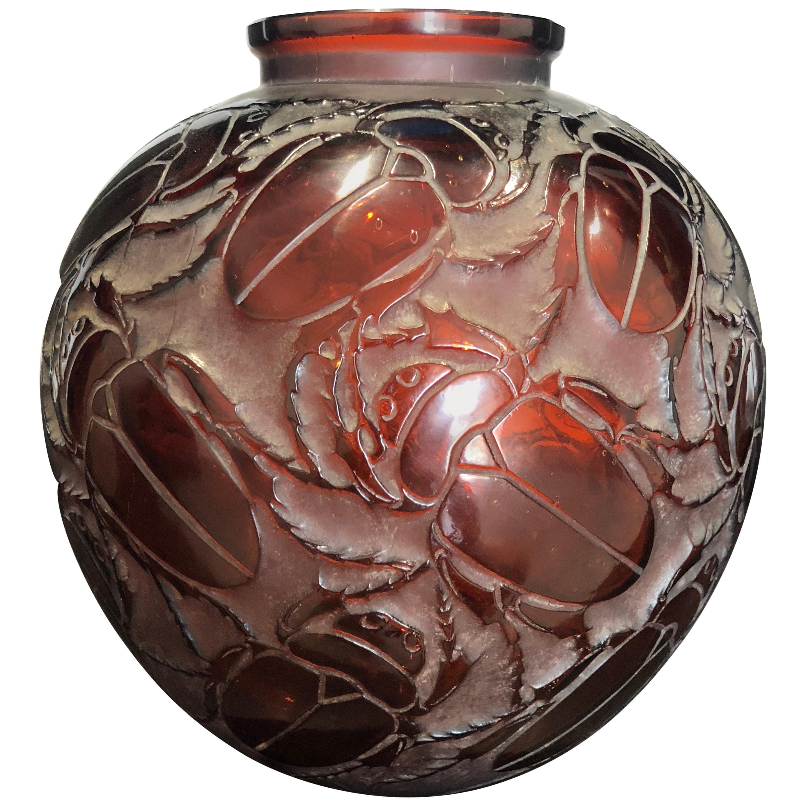 1923 Rene Lalique Gros Scarabees Vase Red Amber Glass, Beetles