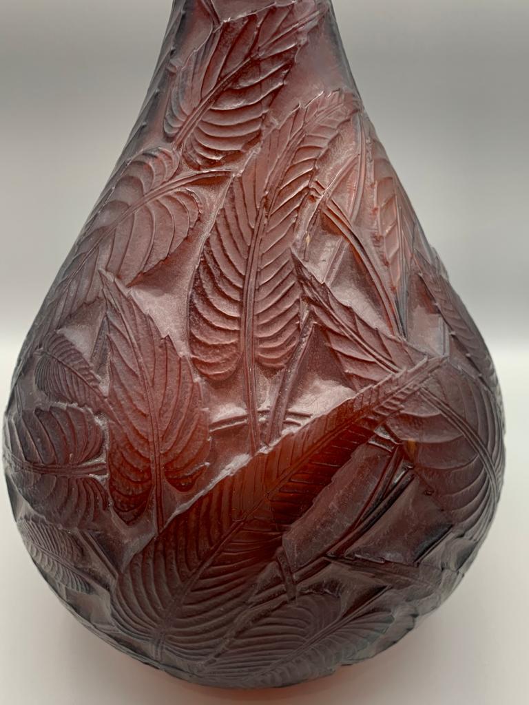 Art Deco 1923 René Lalique Sauge Vase in Deep Amber Glass with White Patina Sage Leaves