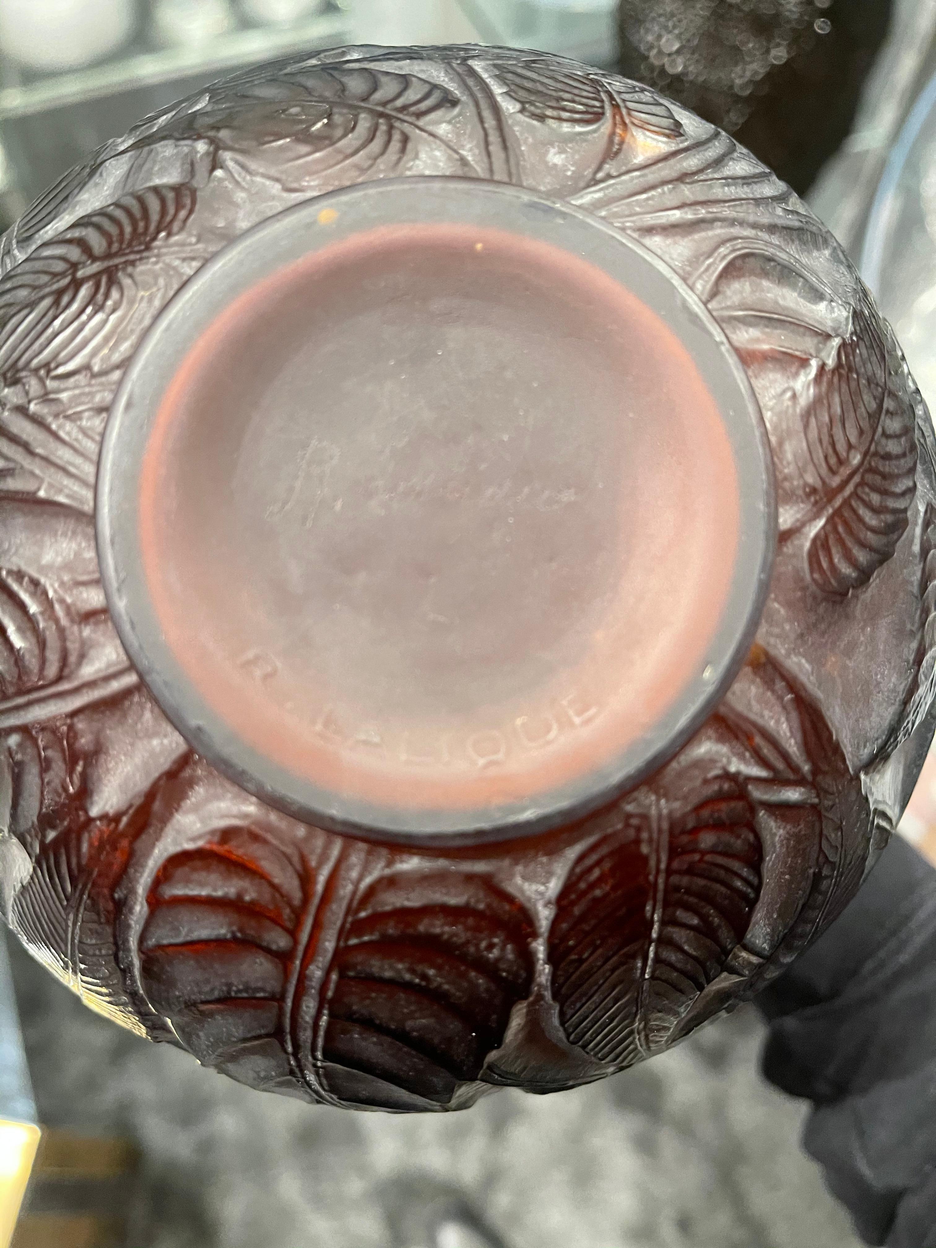 French 1923 René Lalique Sauge Vase in Deep Amber Glass with White Patina Sage Leaves