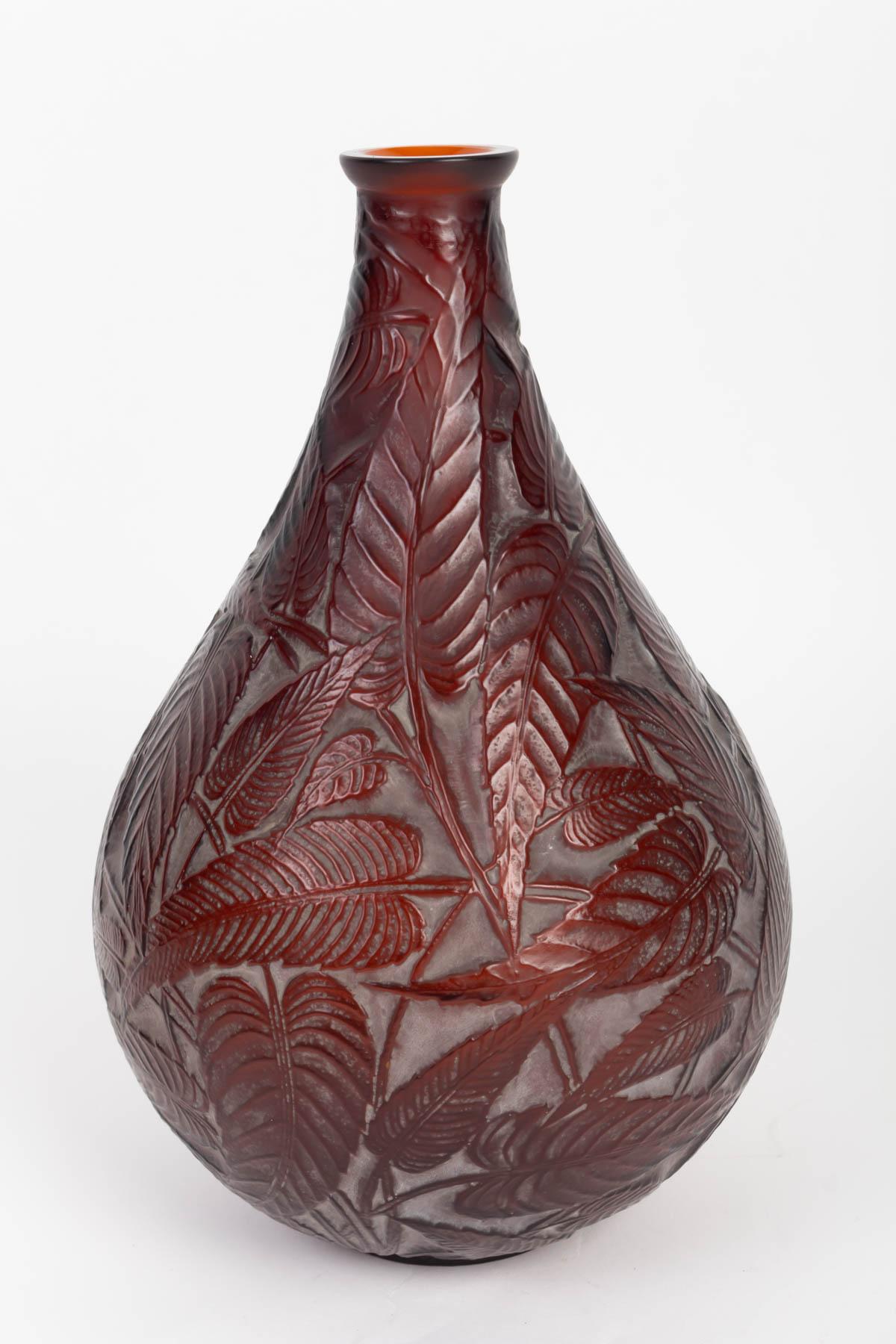 Molded 1923 René Lalique Sauge Vase in Deep Amber Glass with White Patina Sage Leaves