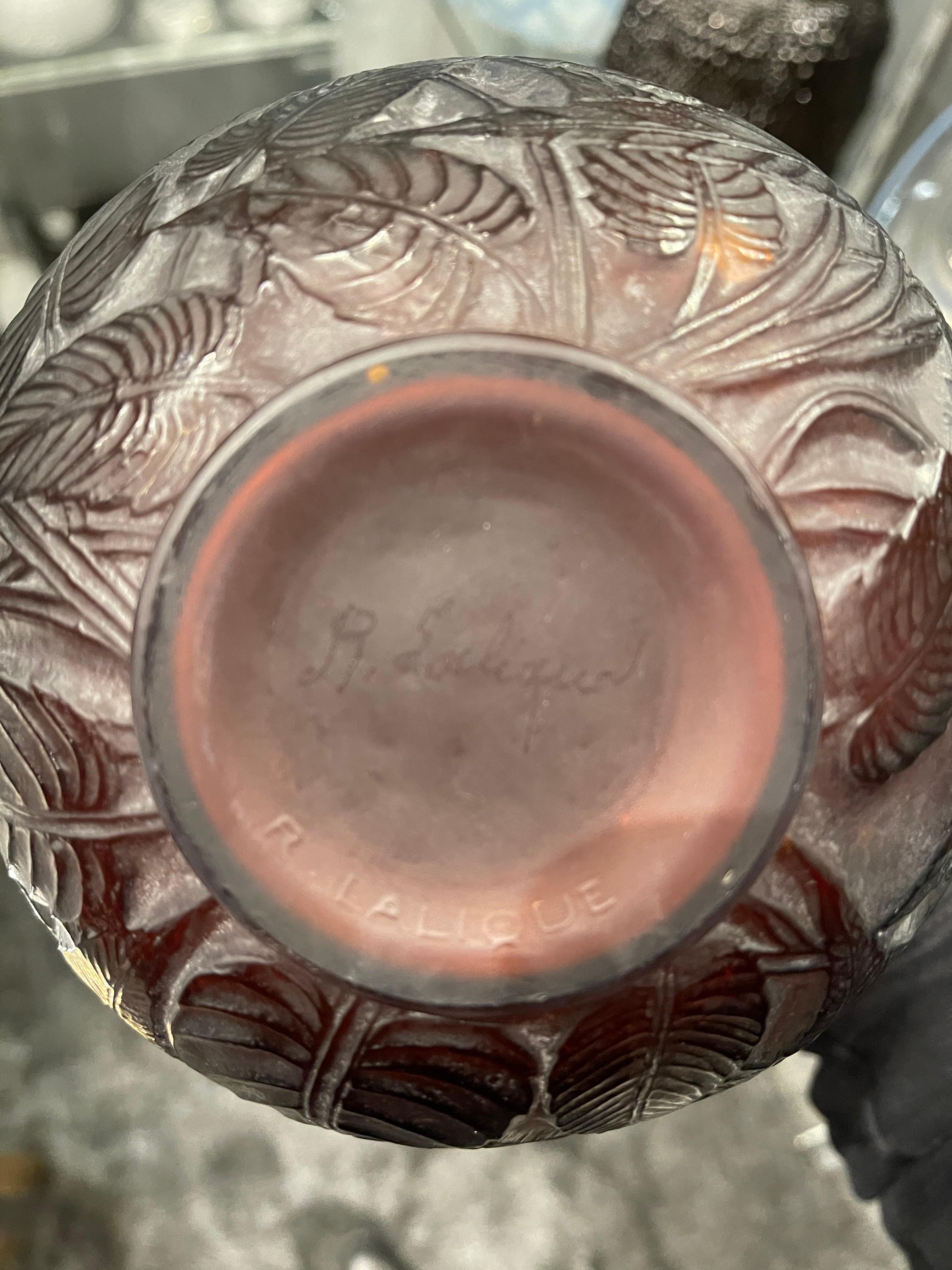 Molded 1923 René Lalique Sauge Vase in Deep Amber Glass with White Patina Sage Leaves