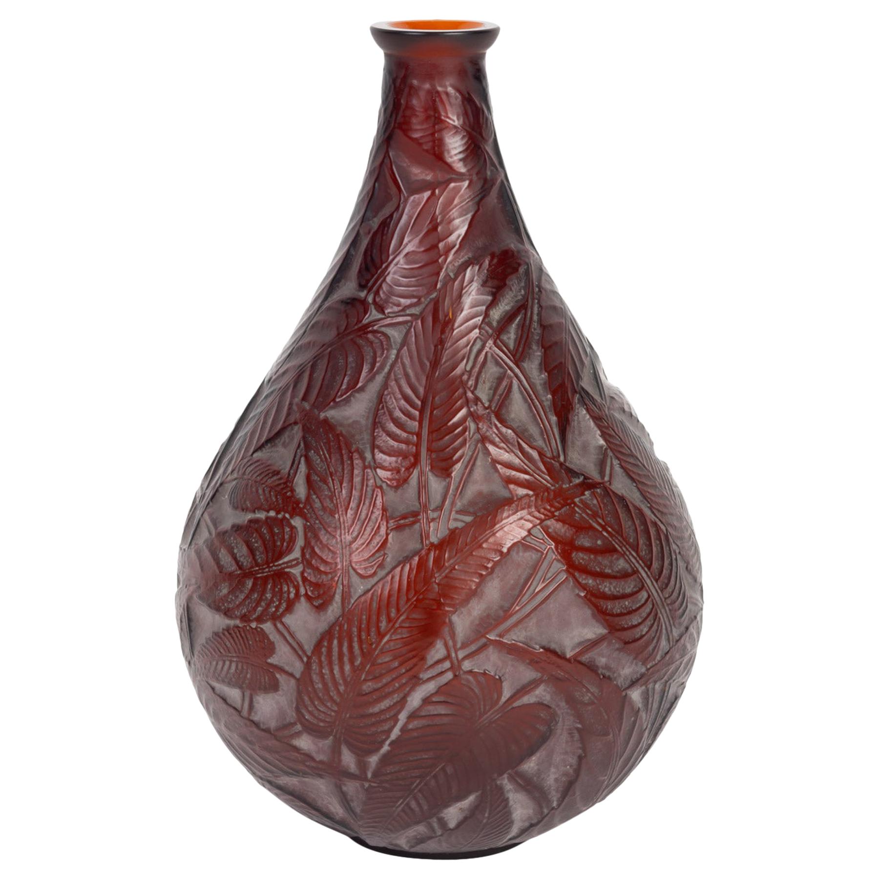 1923 René Lalique Sauge Vase in Deep Amber Glass with White Patina Sage Leaves