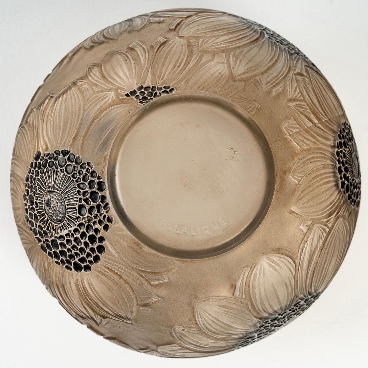 Molded 1923 René Lalique Vase Dahlias Frosted Glass with Sepia Patina and Black Enamel