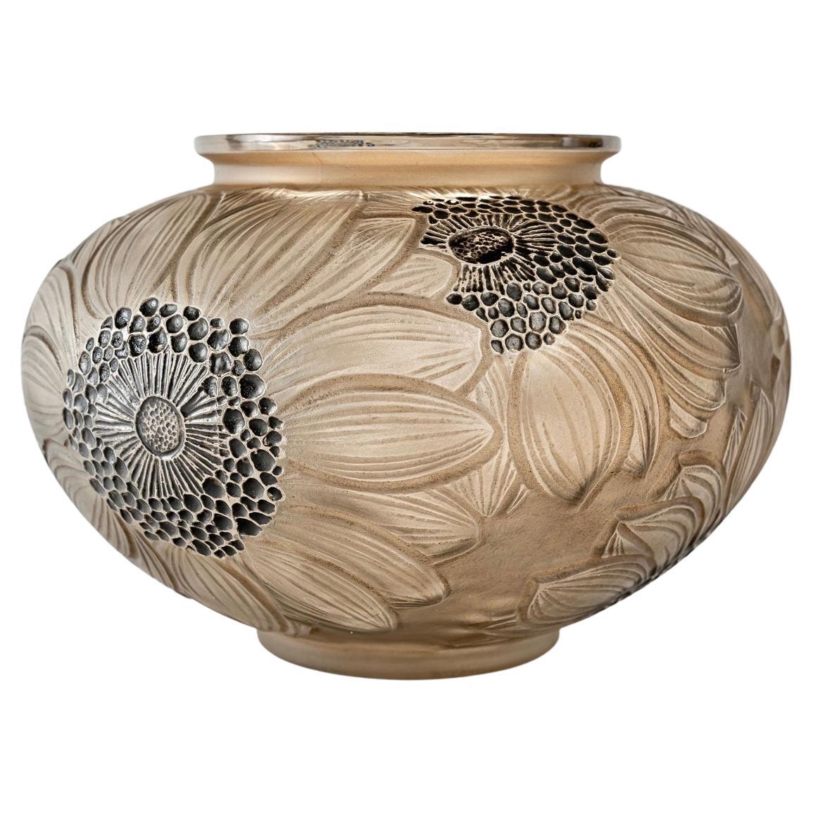 1923 René Lalique Vase Dahlias Frosted Glass with Sepia Patina and Black Enamel