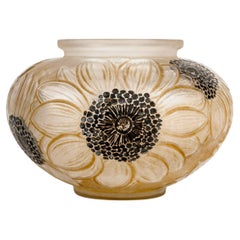 1923 René Lalique Vase Dahlias Frosted Glass with Sepia Patina and Black Enamel