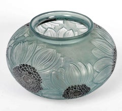 1923 René Lalique Vase Dahlias Glass with Blue Grey Patina and Black Enamel