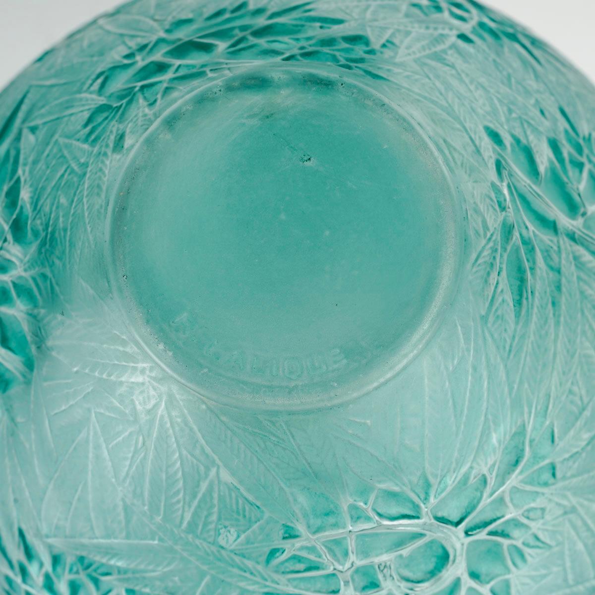French 1923 René Lalique Vase Esterel Frosted Glass with Turquoise Patina