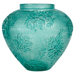Antique 1923 René Lalique Vase Esterel Frosted Glass with Turquoise Patina