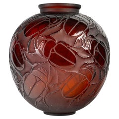 1923 Rene His - Vase Gros Scarabées Verre Ambre Rouge Coléoptères