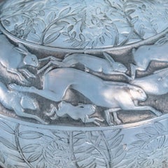 1923 René Lalique Vase Lievres Cased Opalescent Glass with Grey Patina Rabbits