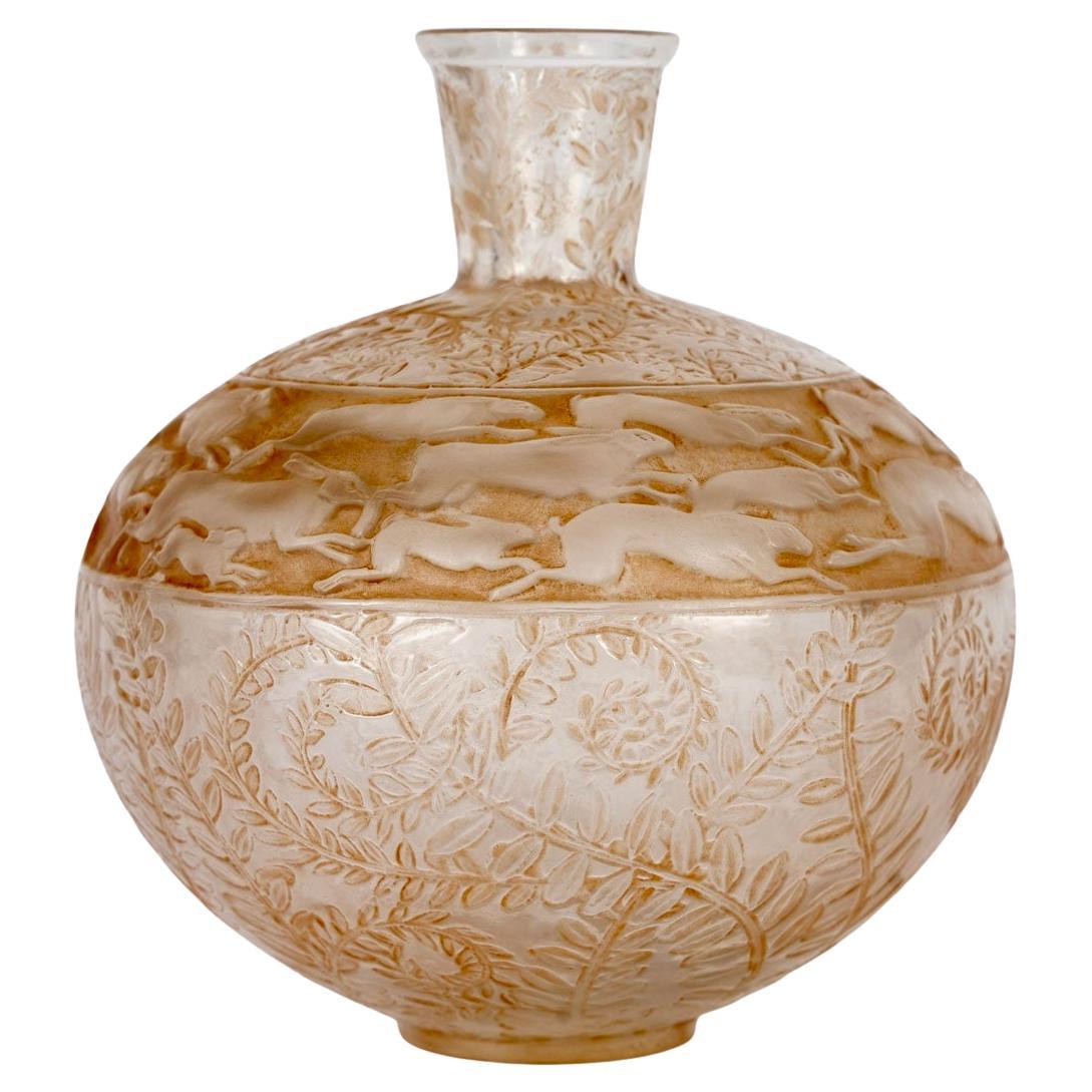 1923 René Lalique Vase Lievres Glass with Sepia Patina, Hares Rabbit For Sale
