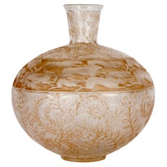 1923 René Lalique Vase Lievres Glass with Sepia Patina, Hares Rabbit