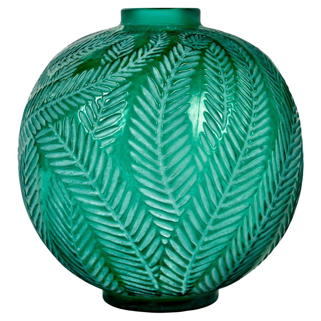 1923 René Lalique - Vase Palmes Emerald Green Glass with White Patina