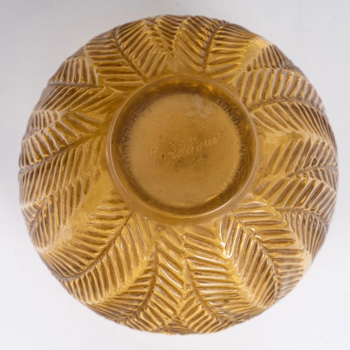 Molded 1923 René Lalique - Vase Palmes Yellow Amber Glass with Sepia Patina