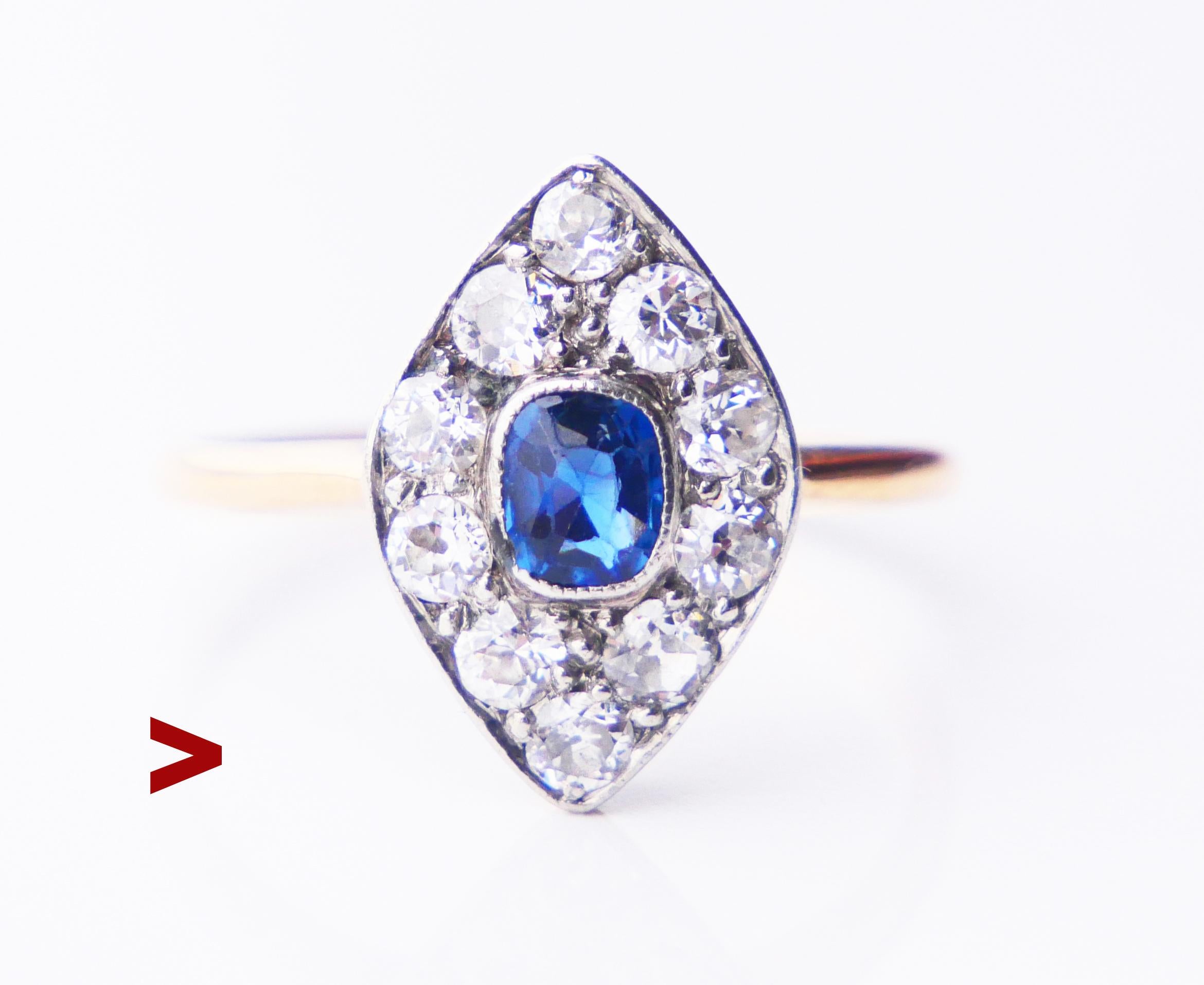 This ring has a navette or boat-shaped crown with top part in Platinum melted into a solid 18K  Gold base. The central stone is cushion cut natural Blue Sapphire surrounded with 10 old diamond cut Diamonds.

Swedish hallmarks, hallmarked 18K. Maker