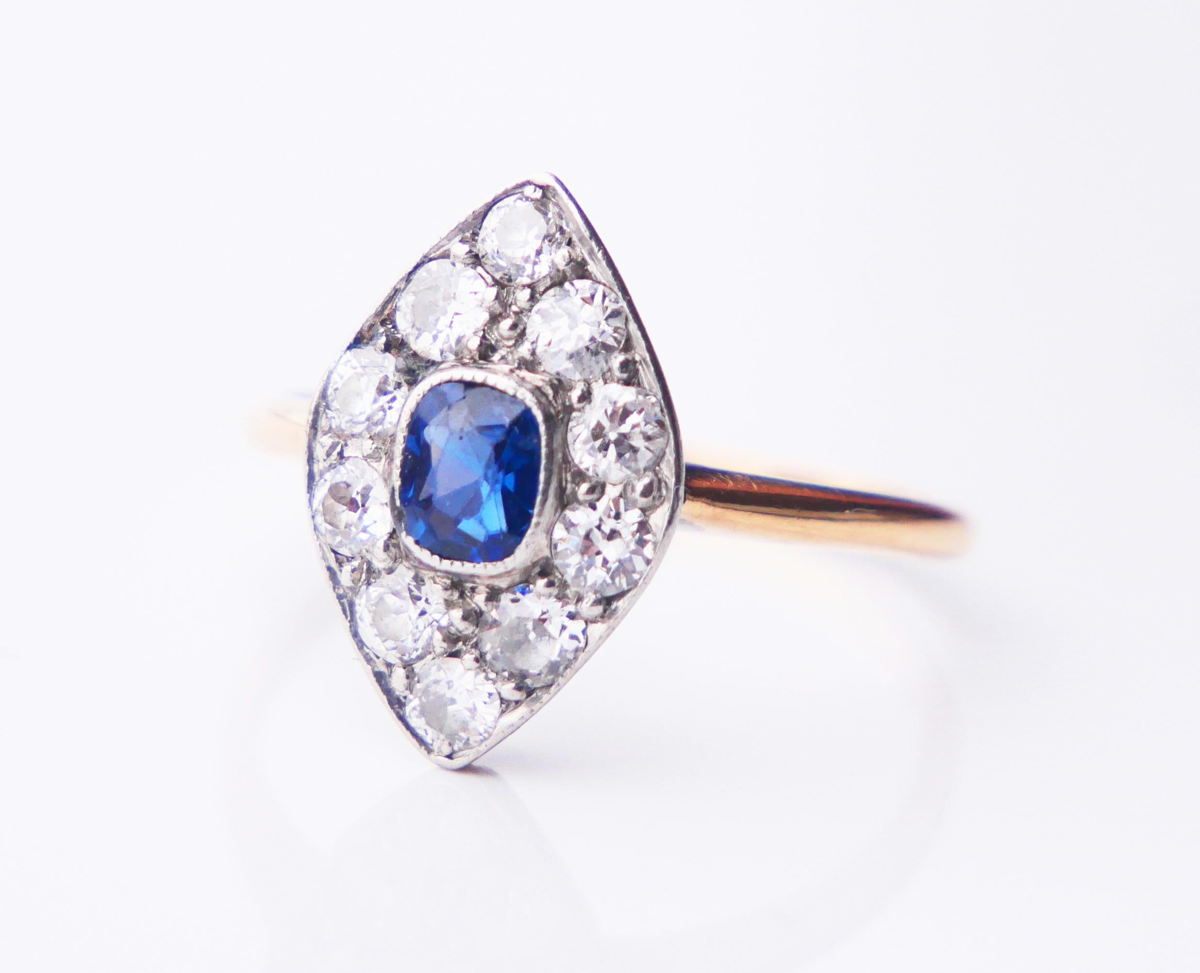Art Deco 1923 Ring natural Sapphire Diamonds solid 18K Gold Platinum ØUS6.75 / 2.65gr For Sale