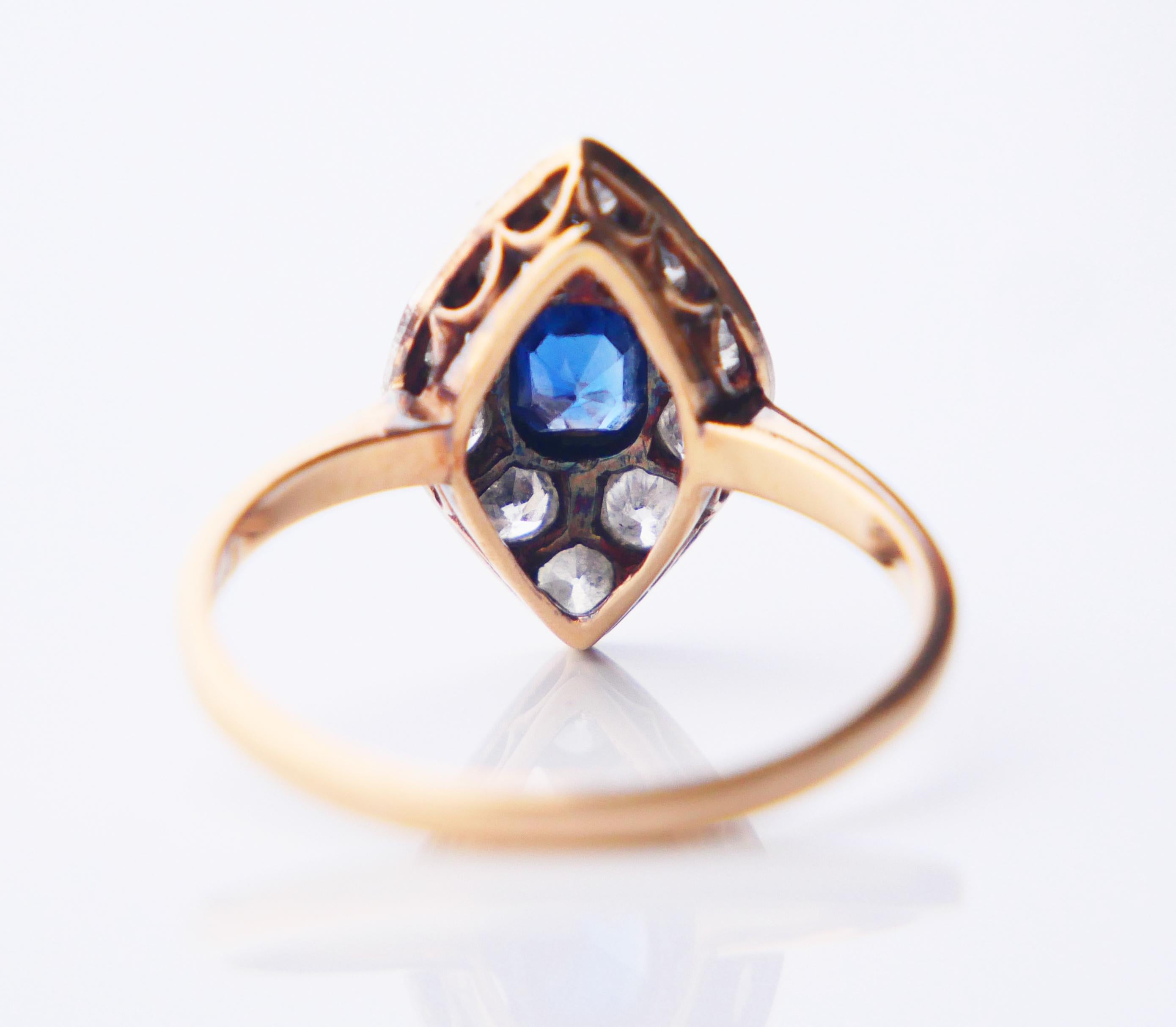 Cushion Cut 1923 Ring natural Sapphire Diamonds solid 18K Gold Platinum ØUS6.75 / 2.65gr For Sale