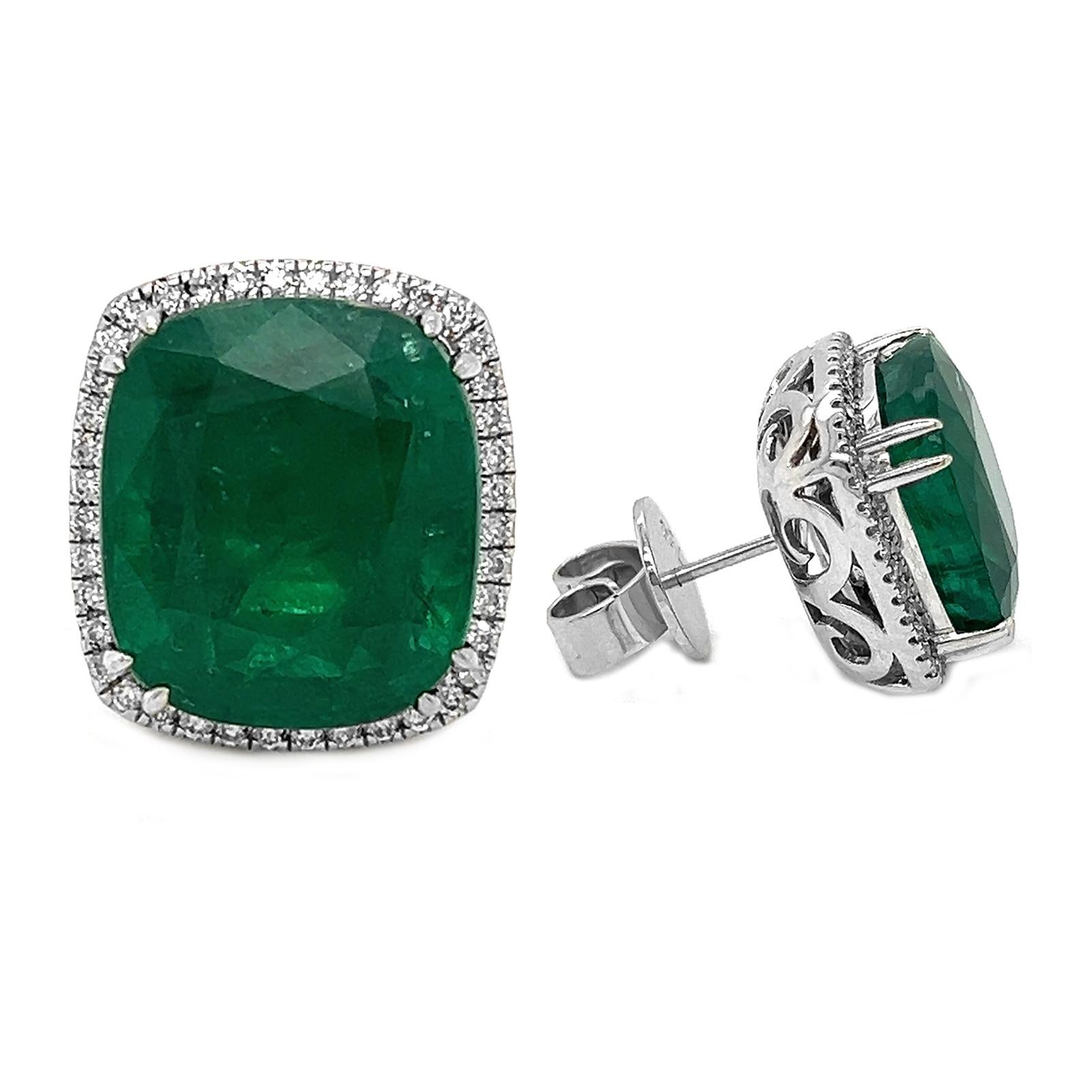 Art Deco 19.23 T.W Natural Mined Emerald Cushion Diamond Cluster Halo Convertible 18KT WG For Sale