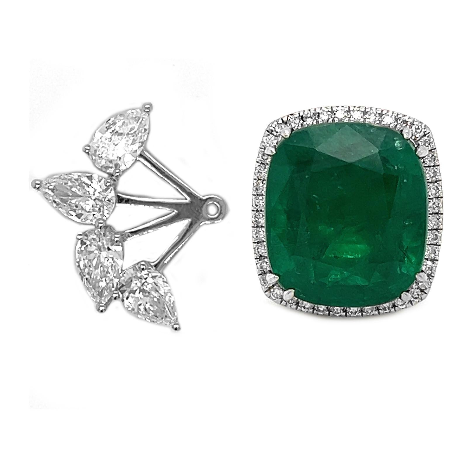 Cushion Cut 19.23 T.W Natural Mined Emerald Cushion Diamond Cluster Halo Convertible 18KT WG For Sale
