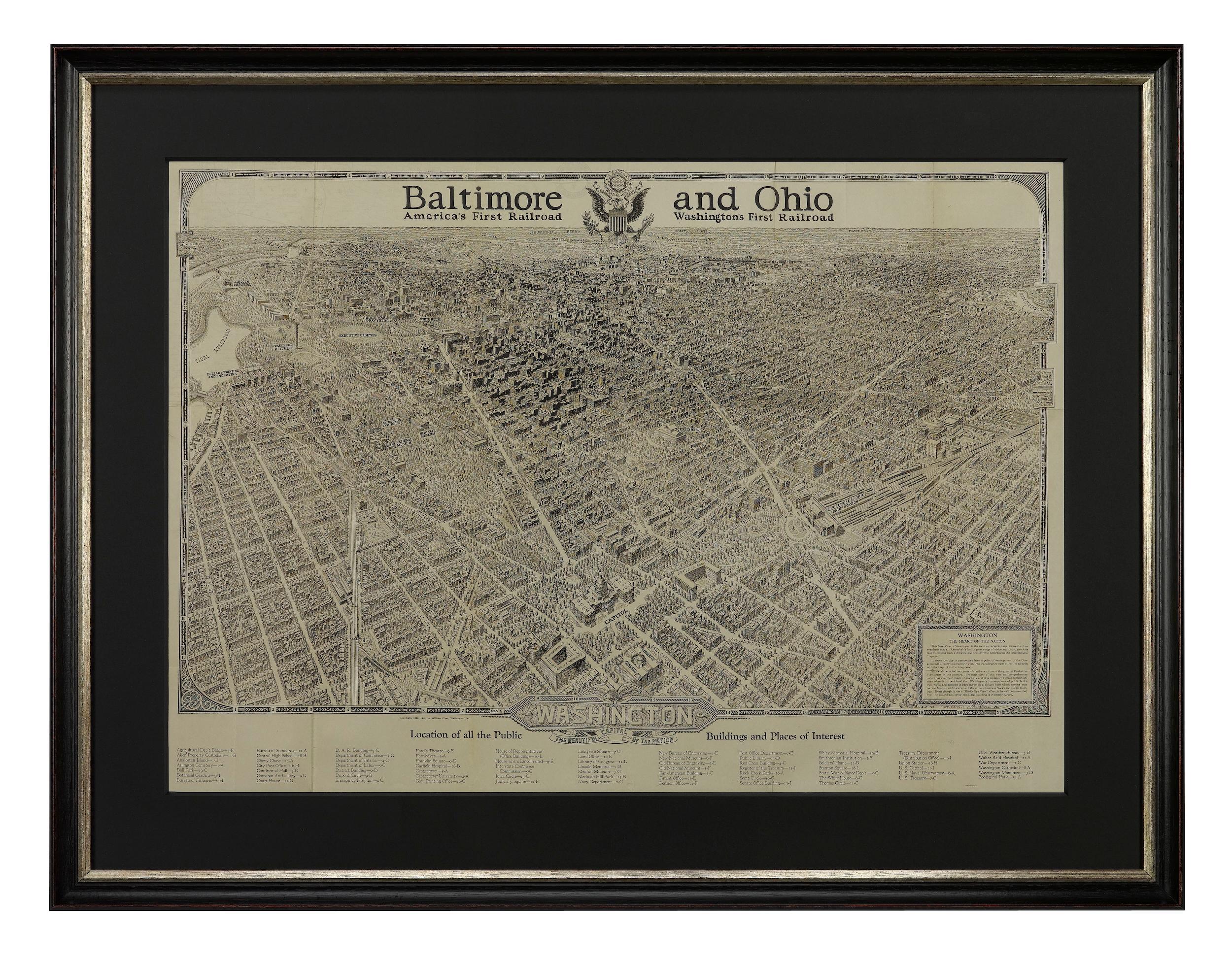 This is a fabulous 1923 bird's eye map of Washington, DC that shows the city in amazing detail. Every building is individually drawn and all major roads in the city are shown. The view is drawn from the perspective of the U.S. Capitol and the