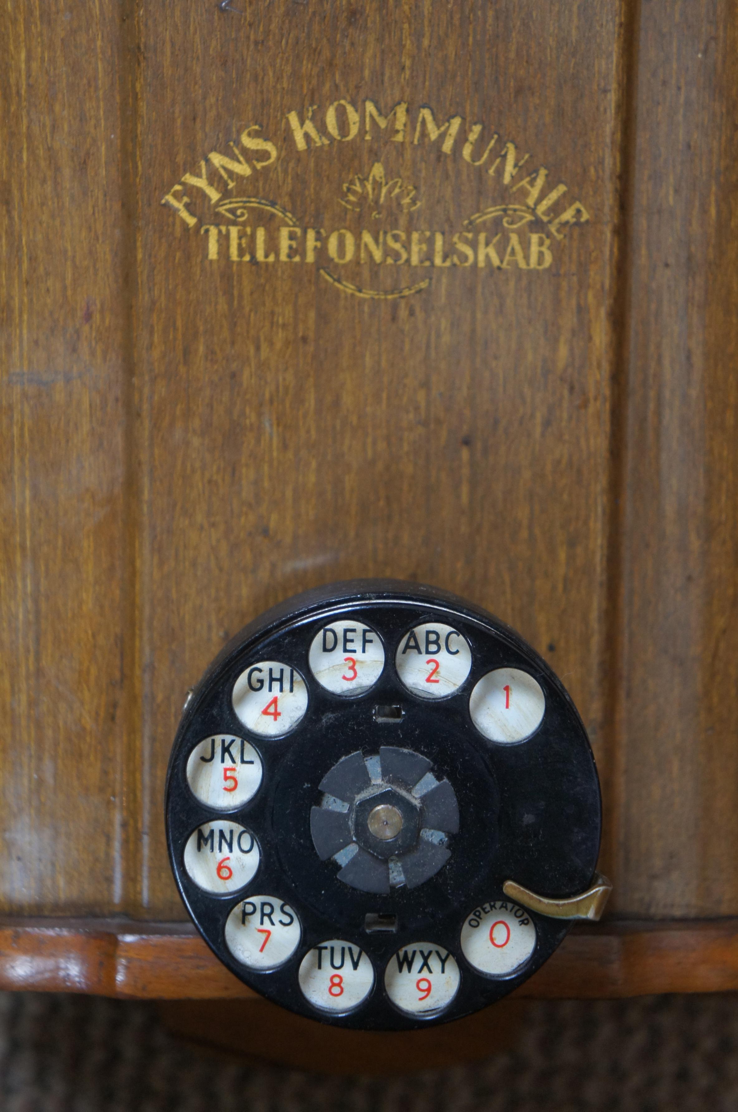 1924 Antique Oak Fyns Kommunale Telefonselskab Wood Wall Crank Telephone 3