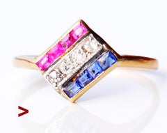 1924 Art Deco Nordic Ring Diamond Ruby Sapphire solid 18K Gold ØUS 6.5/1.5gr