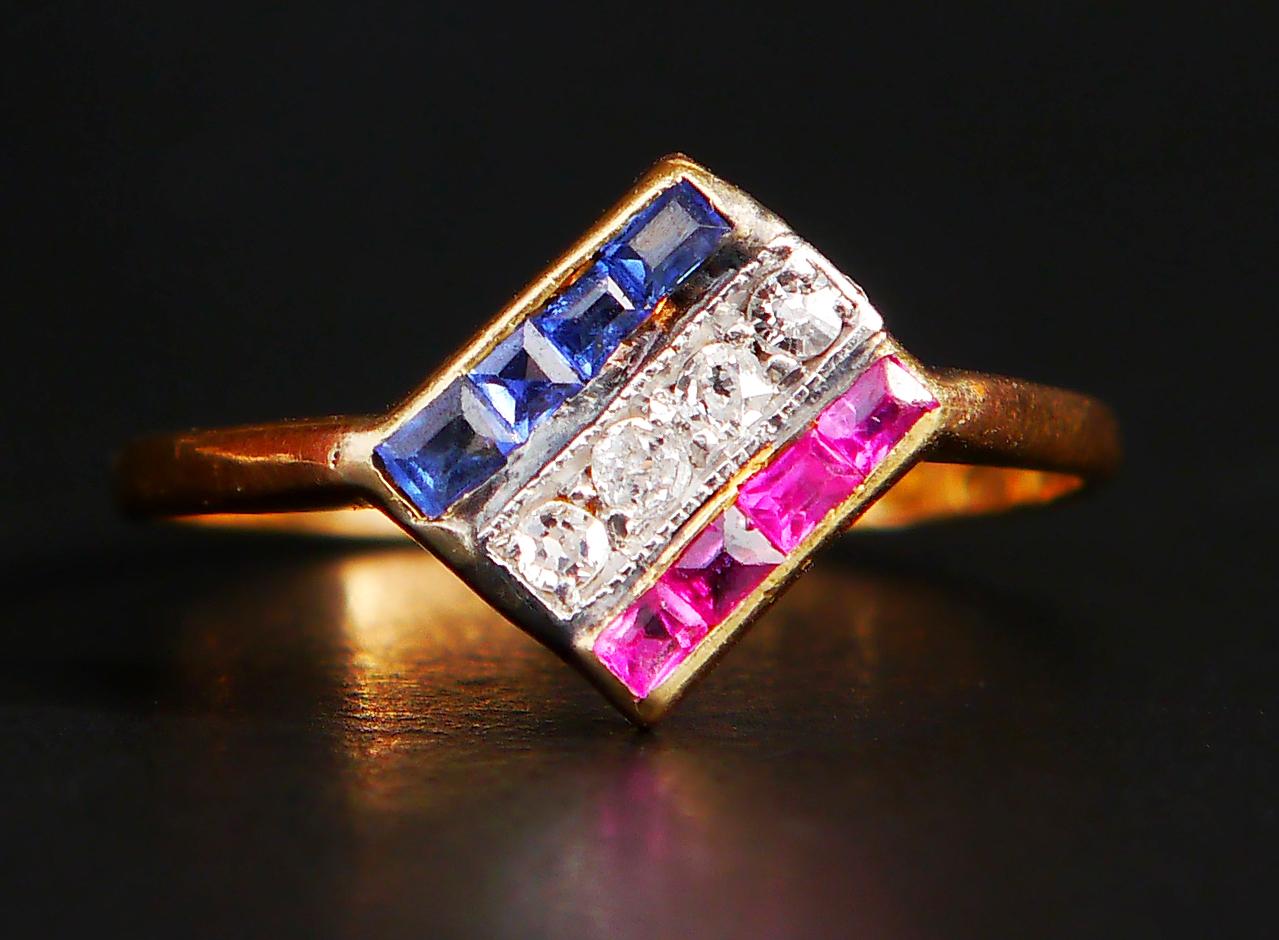1924 Art Deco Nordic Ring Diamond Ruby Sapphire solid 18K Gold ØUS 6.5/1.5gr en vente 1