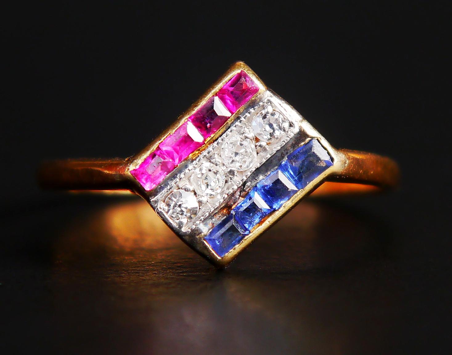 1924 Art Deco Nordic Ring Diamond Ruby Sapphire solid 18K Gold ØUS 6.5/1.5gr For Sale 3