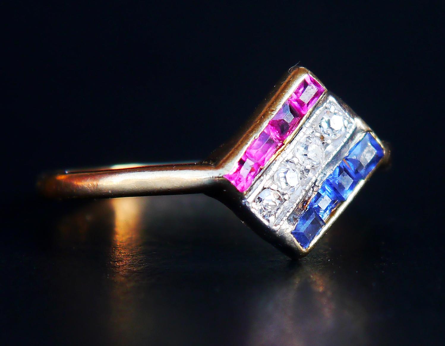 1924 Art Deco Nordic Ring Diamond Ruby Sapphire solid 18K Gold ØUS 6.5/1.5gr For Sale 4