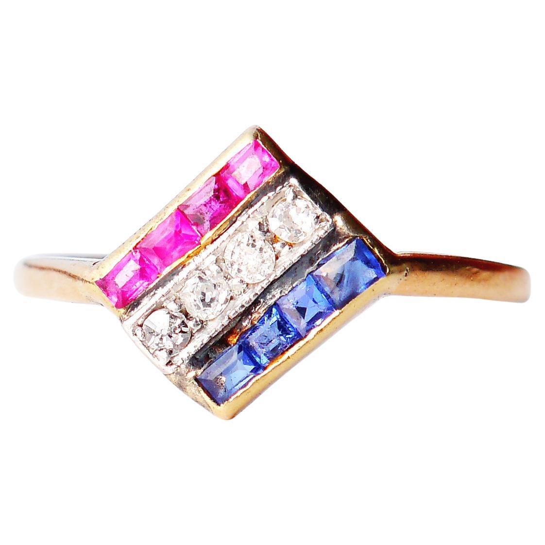 1924 Art Deco Nordic Ring Diamond Ruby Sapphire solid 18K Gold ØUS 6.5/1.5gr For Sale