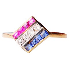 1924 Art Deco Nordic Ring Diamond Ruby Sapphire solid 18K Gold ØUS 6.5/1.5gr