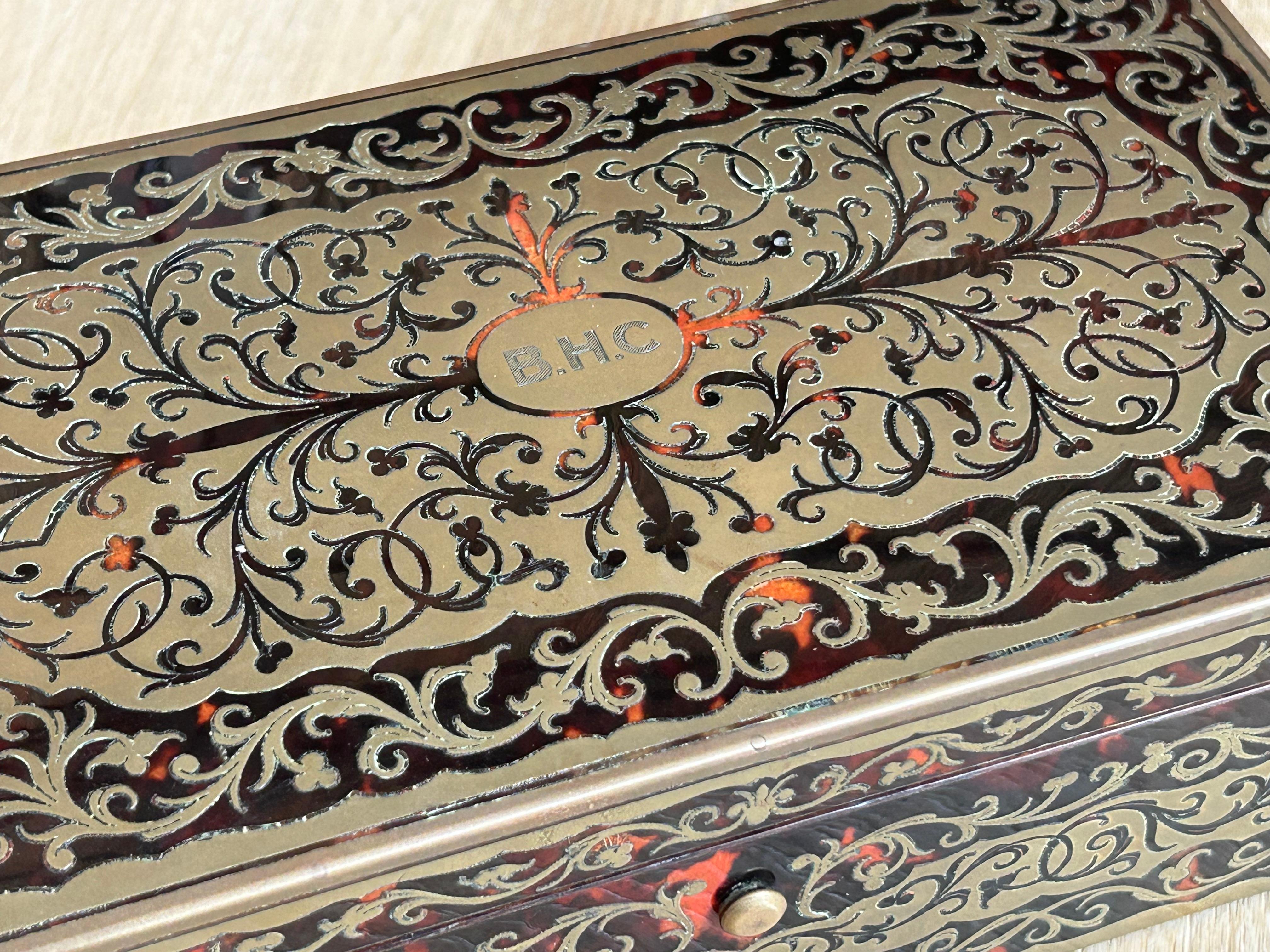 Card Box in the style of École Boulle by JC Vickery with tortoiseshell and brass inlay, engraved on the lid by the initials 