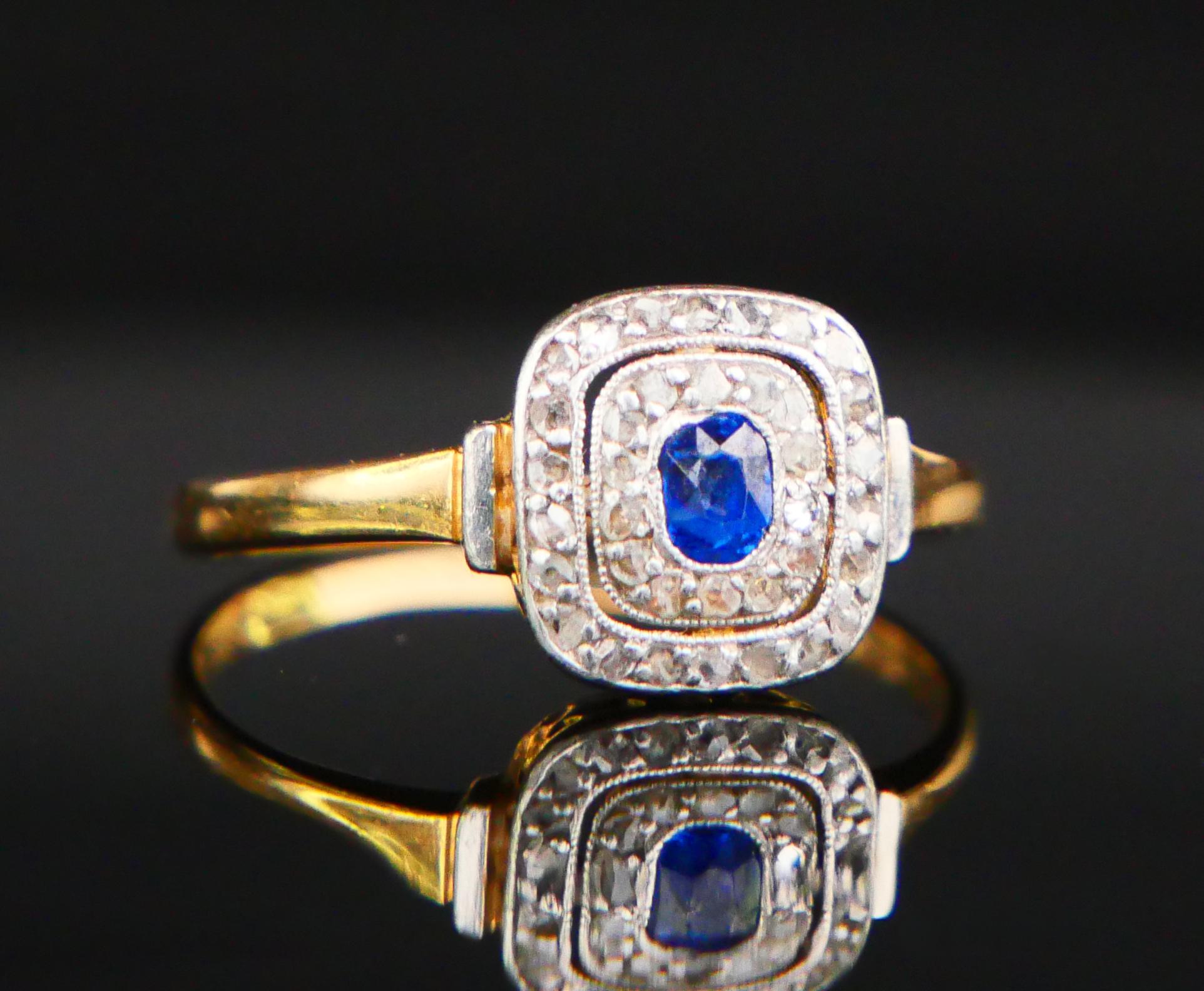 1924 Danish halo Ring natural Sapphire Diamonds 18K Gold Platinum ØUS8/2.57gr 6