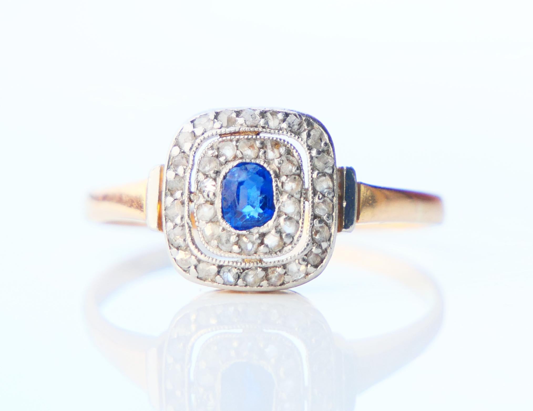 Beautiful  Danish double Halo Ring in solid 18K Yellow Gold with natural Blue Sapphire and 36  Diamonds in White Gold / or Platinum settings. 

Natural Sapphire of old European cushion cut, color is medium Blue measures: Ø 3.75mm x 2.8 mm deep / ca.