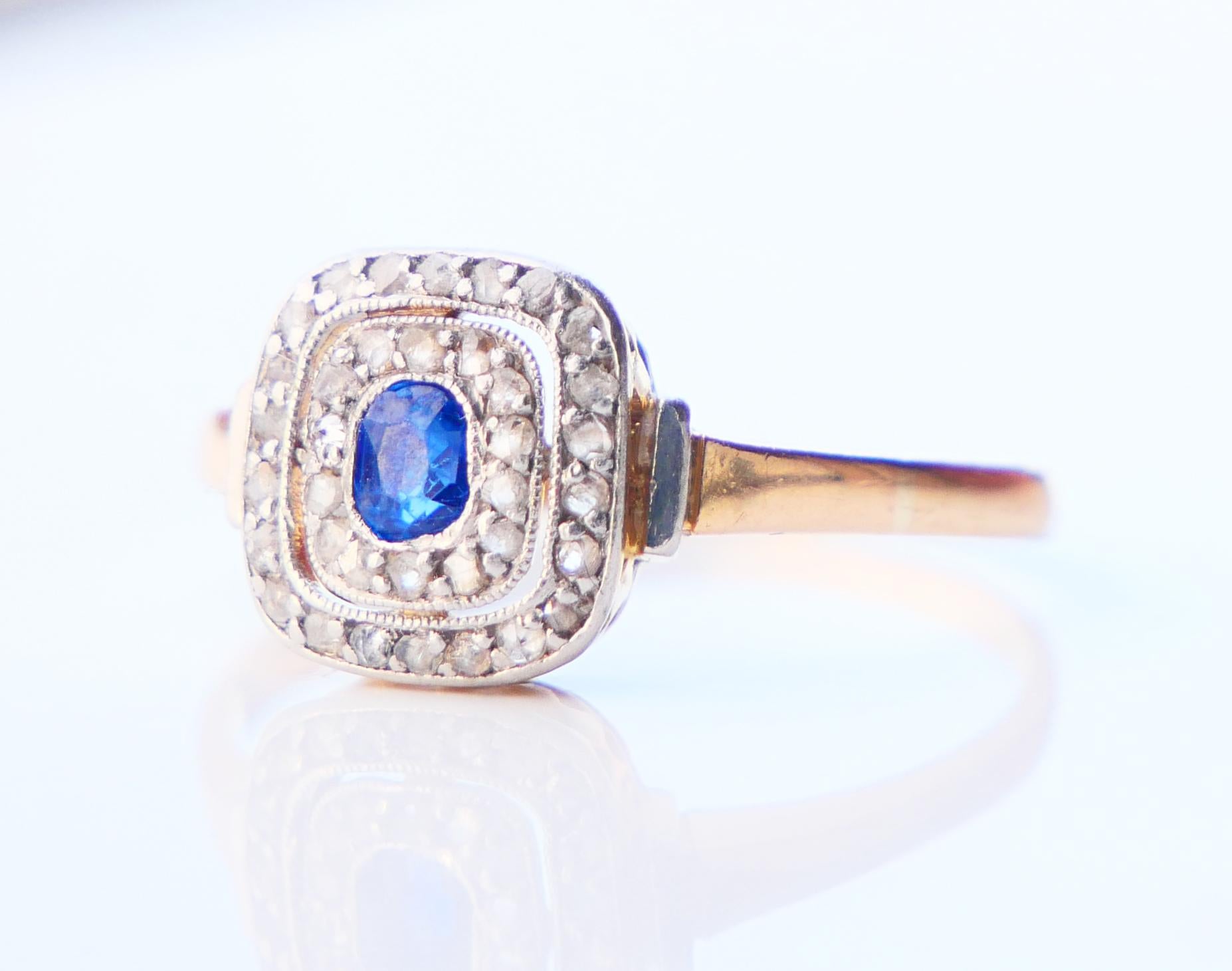 Art Deco 1924 Danish halo Ring natural Sapphire Diamonds 18K Gold Platinum ØUS8/2.57gr
