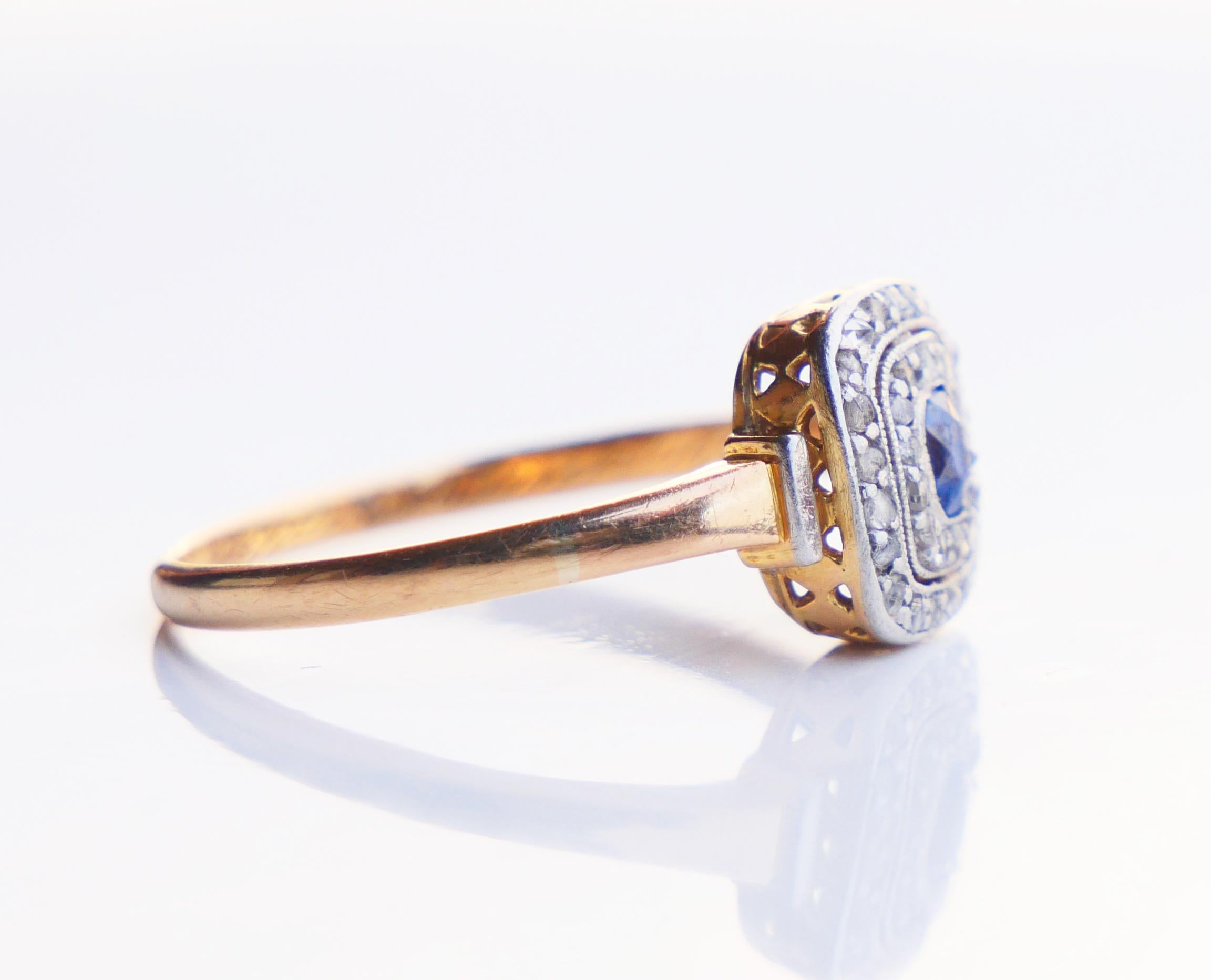 1924 Danish halo Ring natural Sapphire Diamonds 18K Gold Platinum ØUS8/2.57gr 1