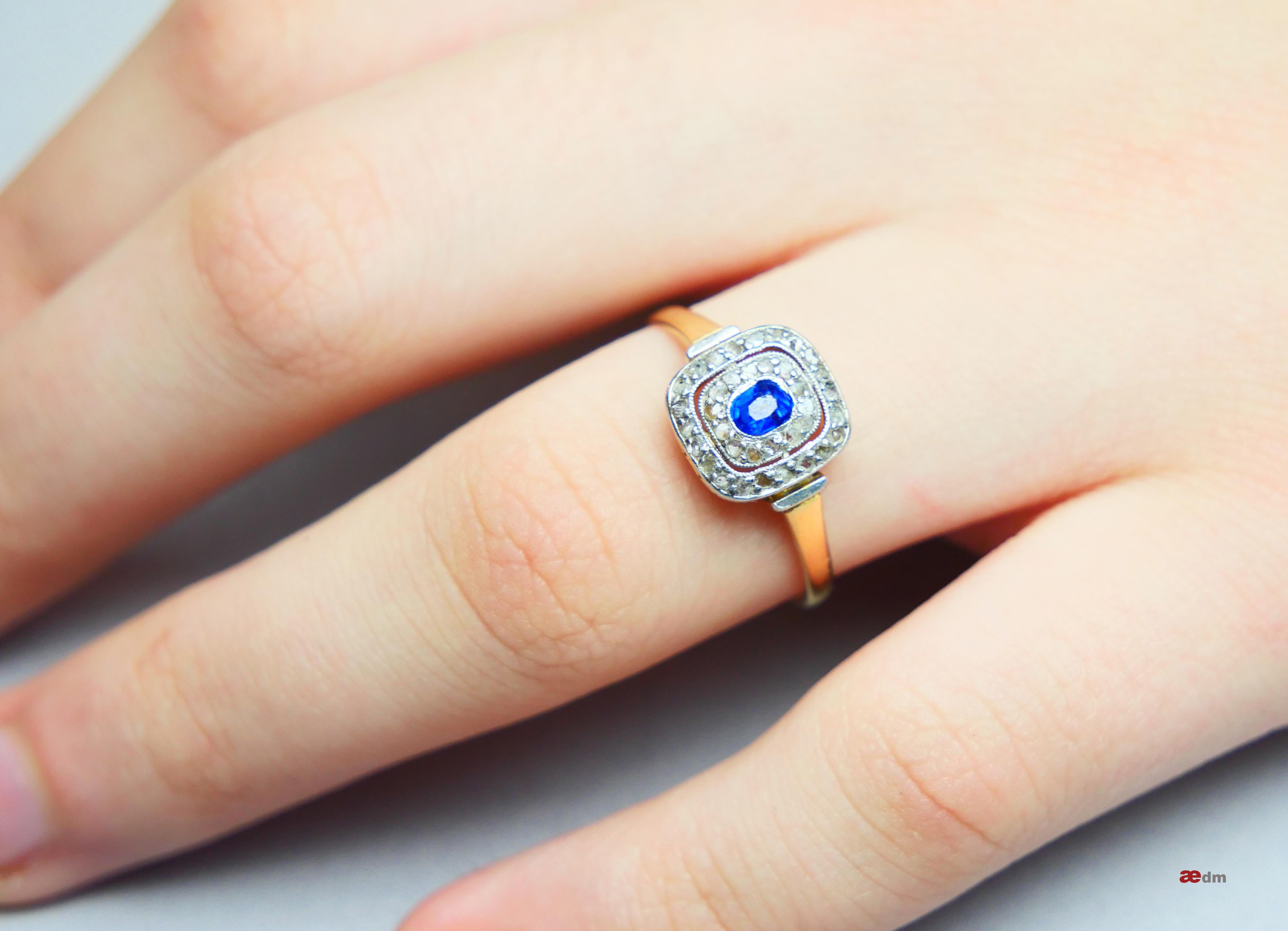 1924 Danish halo Ring natural Sapphire Diamonds 18K Gold Platinum ØUS8/2.57gr 2