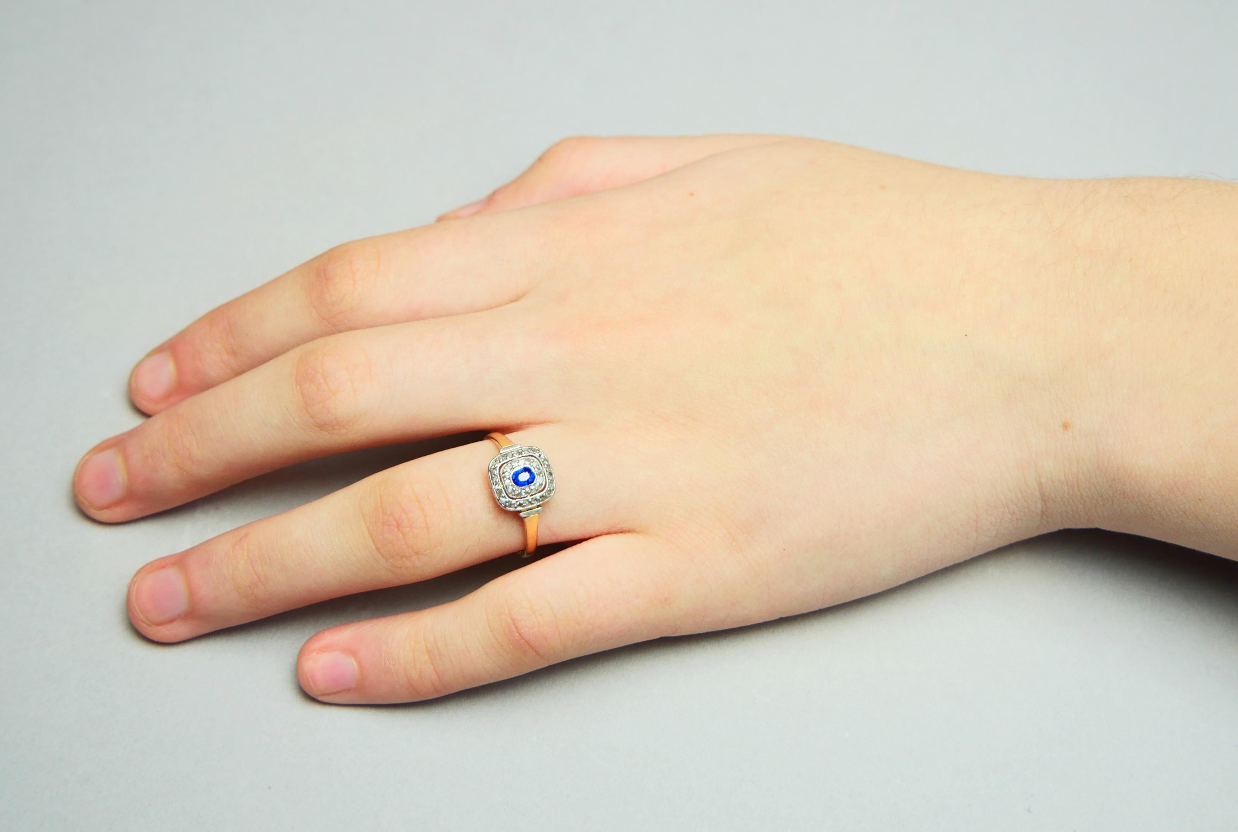 1924 Danish halo Ring natural Sapphire Diamonds 18K Gold Platinum ØUS8/2.57gr 3