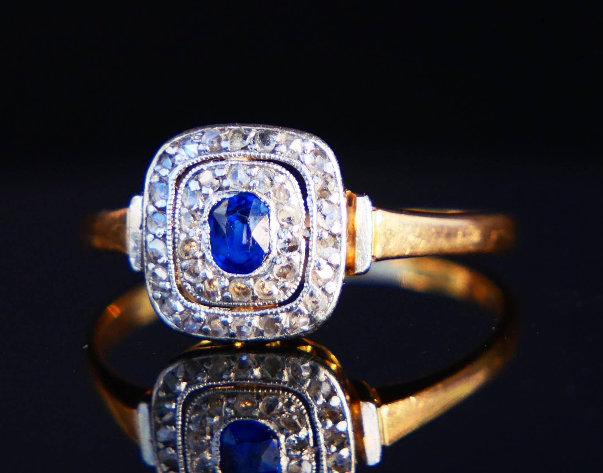 1924 Danish halo Ring natural Sapphire Diamonds 18K Gold Platinum ØUS8/2.57gr 4