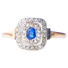 1924 Danish halo Ring natural Sapphire Diamonds 18K Gold Platinum ØUS8/2.57gr