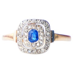 Antique 1924 Danish halo Ring natural Sapphire Diamonds 18K Gold Platinum ØUS8/2.57gr 