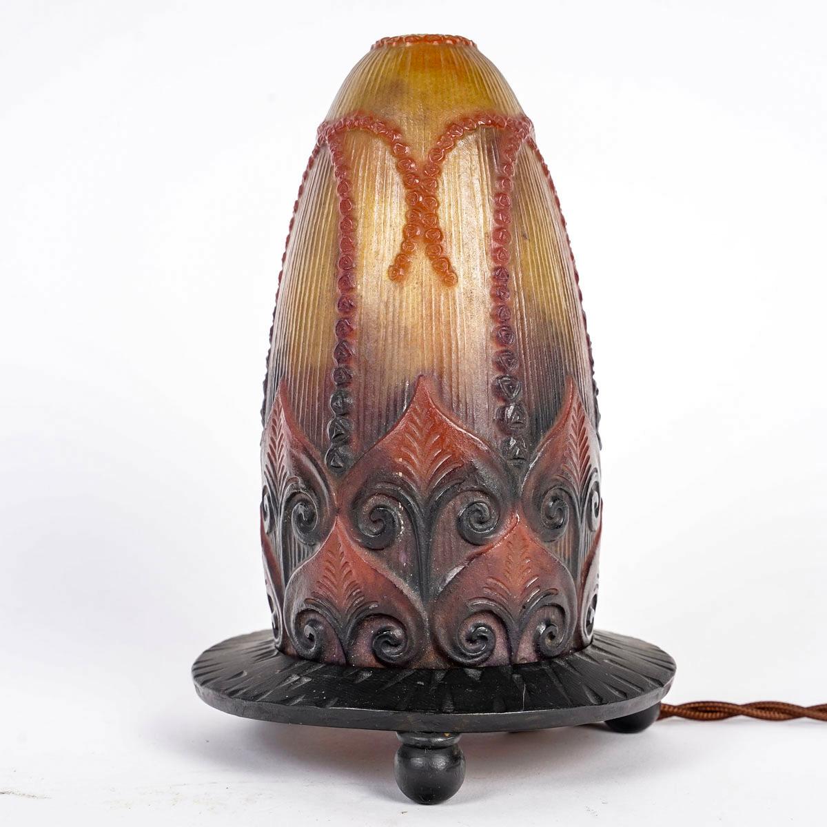 1924 Gabriel Argy Rousseau Nachtlichtlampe, Pflanzen, Aquatiques, Pate Verre-Glas, Gabriel Argy Rousseau (Art déco) im Angebot