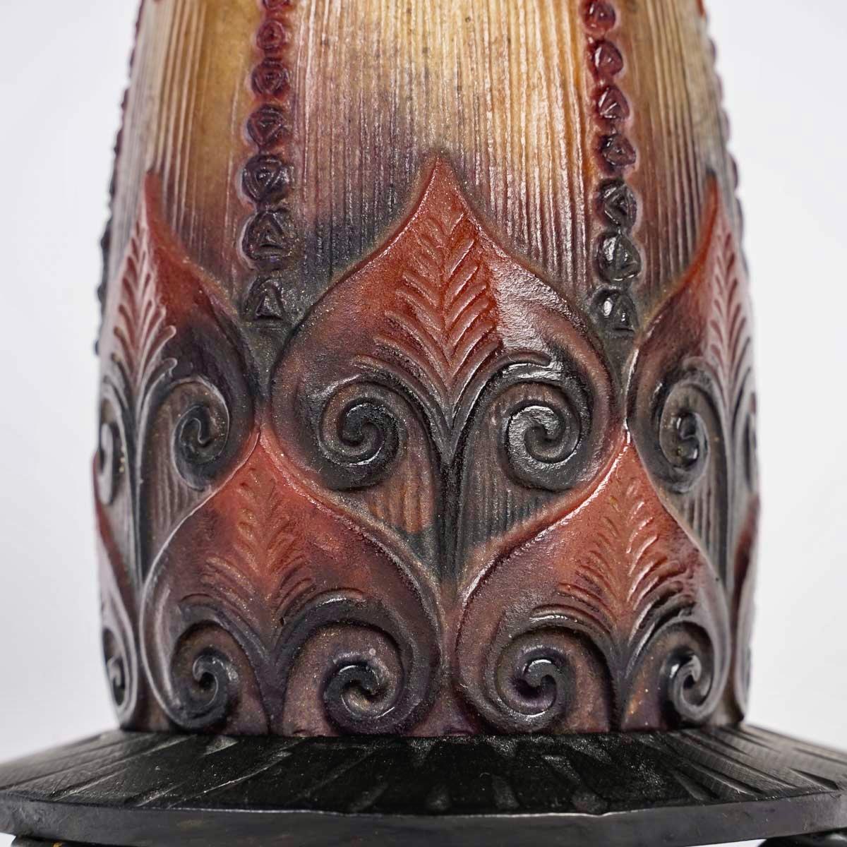 1924 Gabriel Argy Rousseau Nachtlichtlampe, Pflanzen, Aquatiques, Pate Verre-Glas, Gabriel Argy Rousseau (Geformt) im Angebot